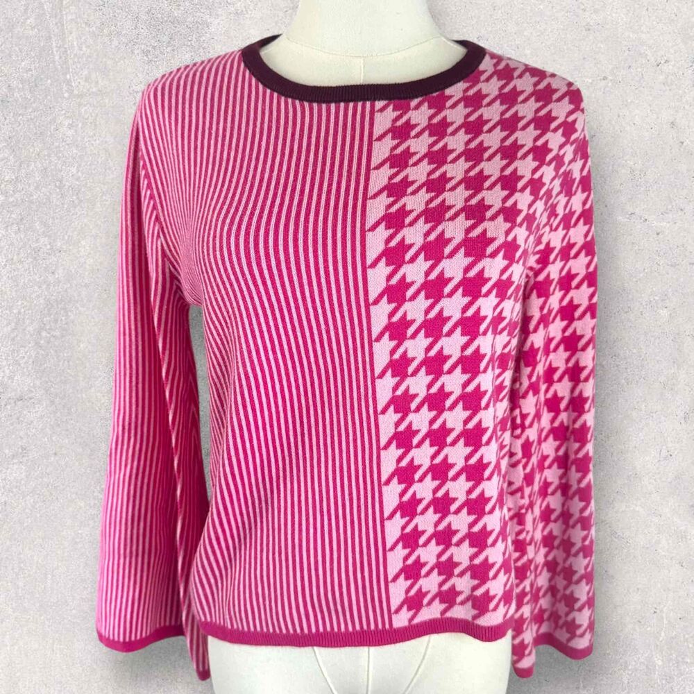 Dolan Pink White Long Sleeve Crew Neck Stripe Houndstooth Pullover Sweater Small - Picture 2 of 16